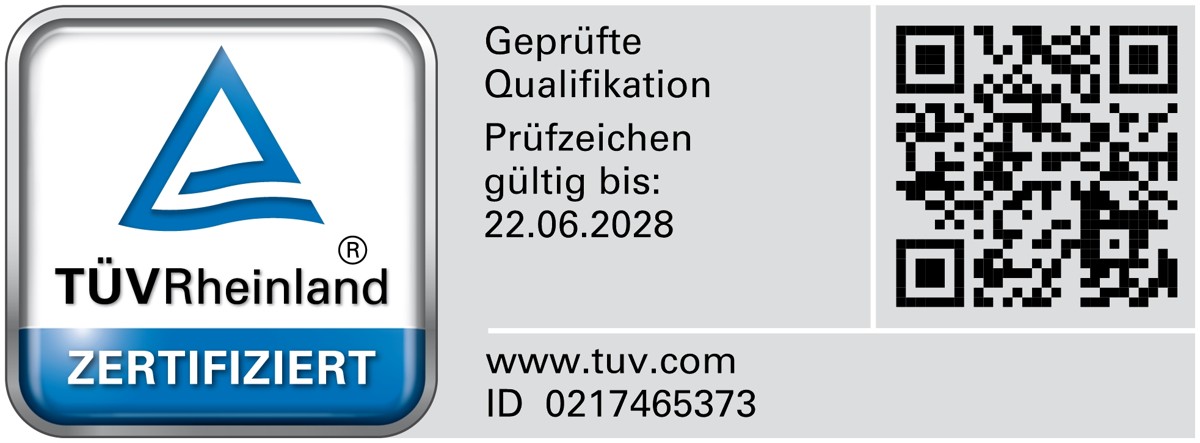 TÜV Rheinland Prüfzeichen: Geprüfte Qualifikation, gültig bis 22.06.2028, ID 0217465373